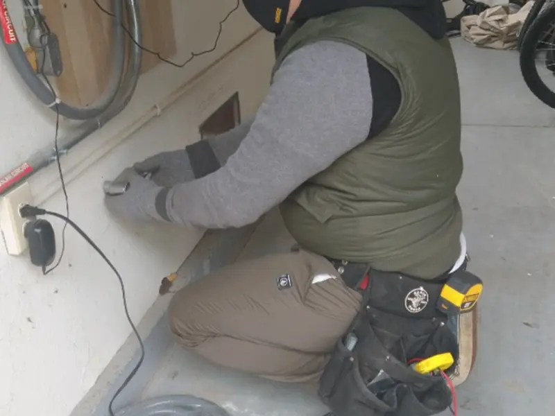 Electrician performing outlet wiring in a West Donegal garage